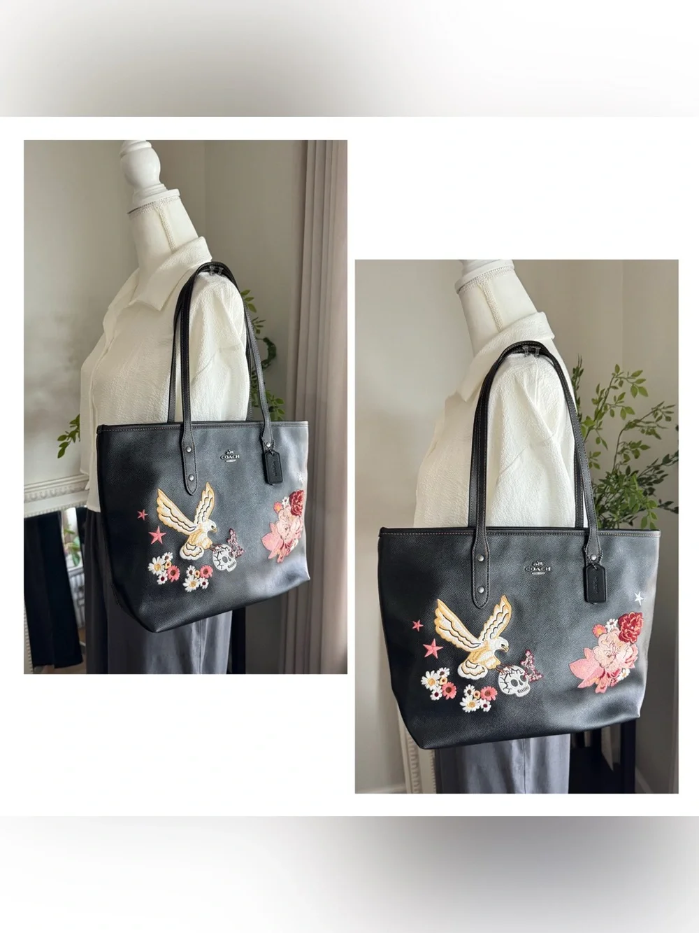 Coach Tattoo Embroidery City Black Leather Tote Bag